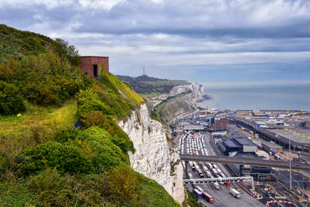 White Cliffs of Dover. Close up detailed landscape view of the cliffs from the walking path by the sea side. September 14, 2021 in England, United Kingdom, UK.の写真素材