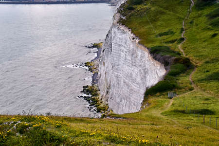 White Cliffs of Dover. Close up detailed landscape view of the cliffs from the walking path by the sea side. September 14, 2021 in England, United Kingdom, UK.の写真素材