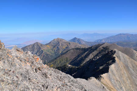 Mount Nebo Wilderness autumn panoramic views hiking from peak 11,933 feet, highest peak in the Wasatch Range of Utah, Uinta National Forest, United States. USA.の写真素材