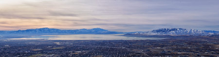 Maack Hill Sensei trail snowy mountain valley views in Lone Peak Wilderness Wasatch Rocky Mountains, Utah. USA.の写真素材
