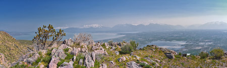 Utah Lake from West Lake Mountain Peak hiking trail views by Radio Towers and Observatory, Wasatch...