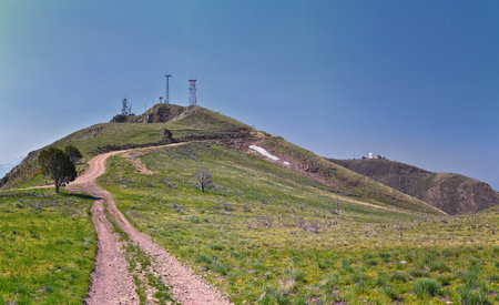Radio Tower Observatory on West Lake Mountain Peak spring mountain hiking trail, Utah Lake, Wasatch Front Rocky Mountains, Provo, Utah. USA.の写真素材