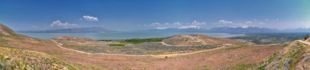 West Lake Mountain Peak hiking trail views by Radio Towers and Observatory, Wasatch Front Rocky Mountains, Provo, Utah. USA.の写真素材