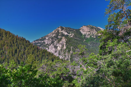 Tibble Fork hiking views from trail Lone Peak Wilderness Uinta Wasatch Cache National Forest, Rocky Mountains, Utah. United States.の写真素材