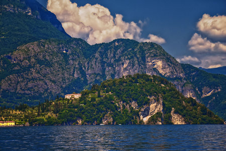 Lake Como in Northern Italyâs Lombardy region at the foothills of the Alps. Landscape views  from a local town, Europe.の写真素材