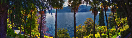 Lake Como in Northern Italyâs Lombardy region at the foothills of the Alps. Landscape views  from a local town, Europe.の写真素材