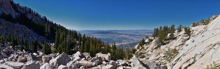 Lone Peak and surrounding landscape view, Jacobâ€™s Ladder hiking trail, Lone Peak Wilderness,...