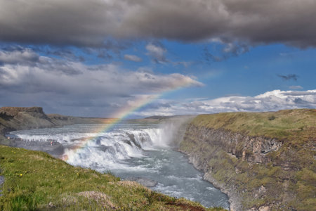 Gullfoss Falls, Golden Falls waterfall rainbow on the HvÃÂ­tÃÂ¡ river, tourist attraction Golden Circle Route in Southwest Iceland, Scandinavia, Europe.の写真素材