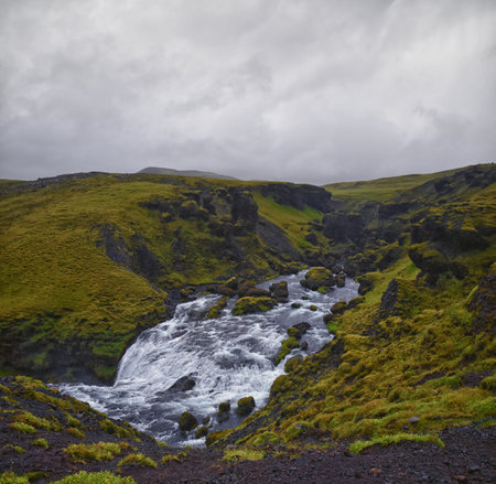 Hestavaosfoss, Fosstorufoss, Steinbogafoss waterfalls above Skogafoss waterfall summer 2024 Ring Road South coast of Iceland, Scandinavia, Europe.の写真素材
