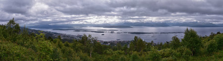 Varden viewpoint Panoramic landscapes, ocean, fjords, islands forests summer 2024 around Molde Norway Scandinavia Europeの写真素材