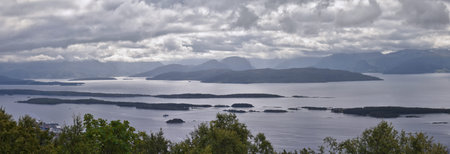 Varden viewpoint Panoramic landscapes, ocean, fjords, islands forests summer 2024 around Molde Norway Scandinavia Europeの写真素材