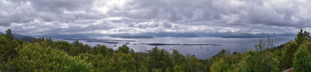 Varden viewpoint Panoramic landscapes, ocean, fjords, islands forests summer 2024 around Molde Norway Scandinavia Europeの写真素材