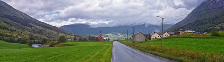 Olden Norway hiking views towards Briksdal Glacier, Jostedal Glacier largest glacier on Europe's...
