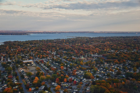 Providence, Rhode Island, fall at sunset from Airplane, Aerial, Downtown city skyline on the...