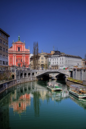Spring Reflections on Canal, Sloveniaの写真素材