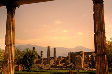 Ruins of Pompeii at sunset, Italyの写真素材