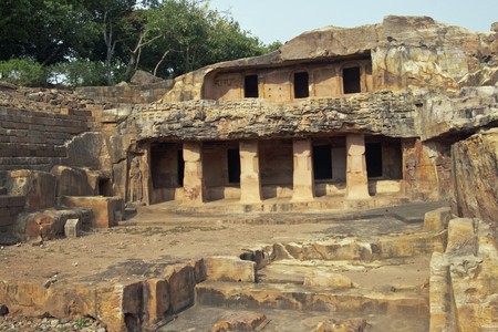Jain cave temples carved out of the solid rock of the hillside at Bhubaneshwar, Orissa, India. 1st Century BCの写真素材