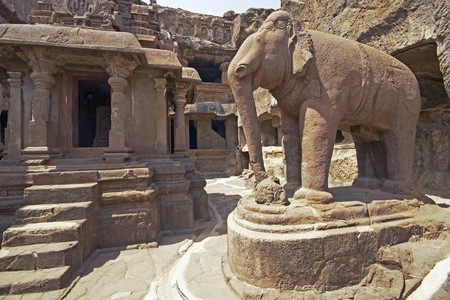 Elephant statue in the courtyard of an ancient Jain Temple (Indra Sabha). Cave number 32, Ellora Caves, near Aurangabad, India. 10th - 12th Century ADの写真素材