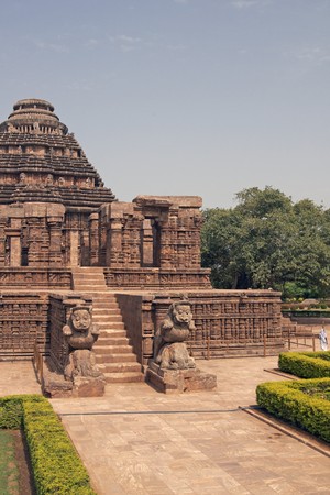 Ancient Hindu Temple at Konark, Orissa, India. 13th Century AD. Large stone building set in landscaped gardensの写真素材