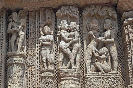 Detail of erotic carvings decorating the ancient Surya Hindu Temple at Konark, Orissa, India. 13th Century ADの写真素材