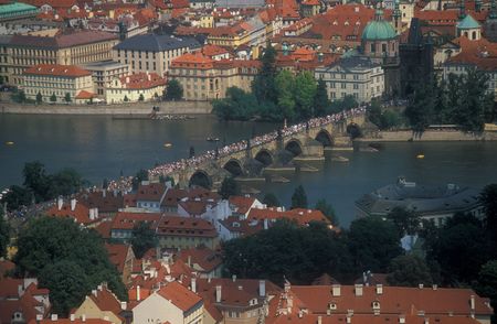 Charles bridge over the Vltava River in the centre of Prague Czech Republic.の写真素材