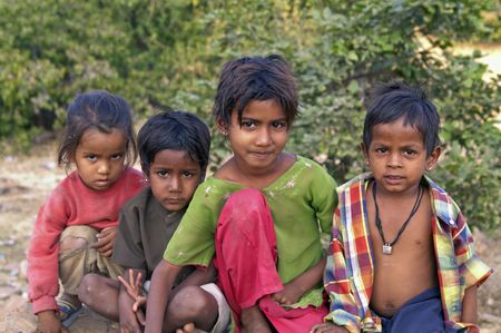 Chittaugarh, Rajasthan, India - November 14, 2007: Group of Indian street urchins.  のeditorial素材