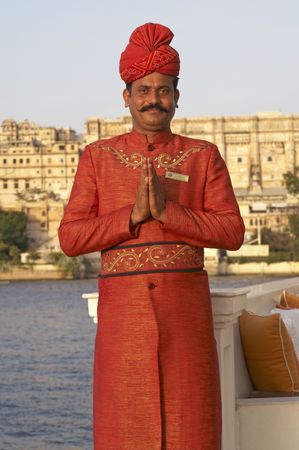 Udaipur, Rajasthan, India - June 14, 2007: Indian welcome from doorman of a luxury hotel in Udaipur, Rajasthan, Indiaのeditorial素材