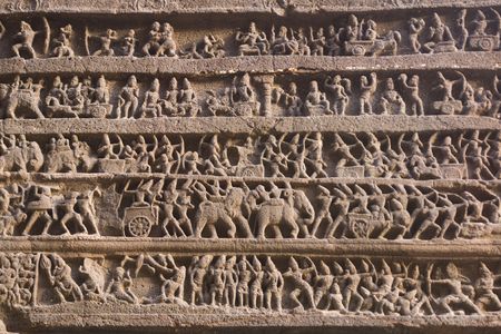 Hindu religious story carved into the rock face at the ancient Hindu Temple (Kailas Temple). Ellora Caves,  India. 8th Century ADの写真素材