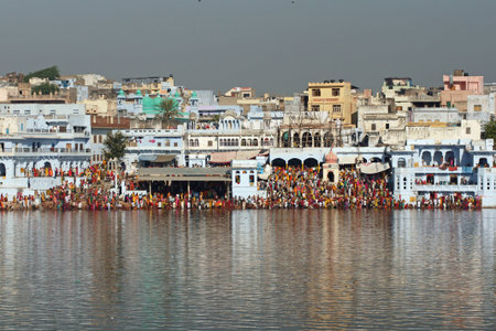 Pushkar, India - November 9, 2008: Crowds of people around a sacred lake during the annual Pushkar...