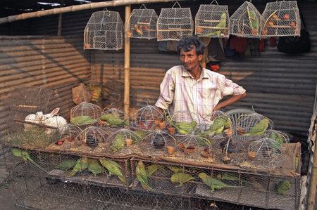 Sonepur, India - November 27, 2007: Man selling birds in small cages at the Sonepur Livestock Fair, Bihar, Indiaのeditorial素材