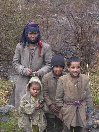 Himalaya Mountains, India - March 17, 2009: Group of women and children from a remote mountain village in the Himalaya Mountains of Indiaのeditorial素材