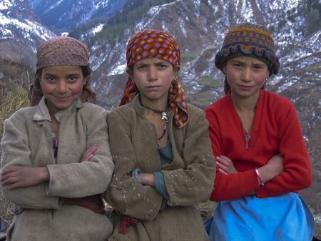 Himalaya Mountains, India - March 21, 2009: Group of children from a remote mountain village in the Himalaya Mountains of Indiaのeditorial素材