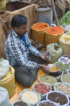 Delhi, India - January 5, 2009: Man selling spices from a pavement stall in Delhi, India.のeditorial素材