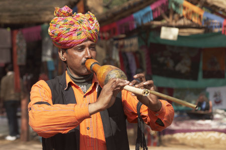 Tribal musician dancers performing at the annual Sarujkund Fair near Delhi, India