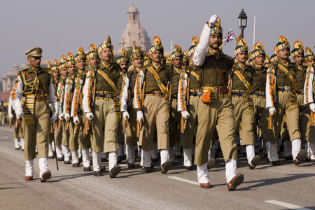 Delhi, India - January 20, 2008: Soldiers parading down the Raj Path in preparation for the Republic...