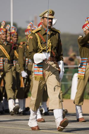 Delhi, India - January 21, 2008: Officer leading his men marching down the Raj Path in preparation for Republic Day Parade, New Delhi, Indiaのeditorial素材