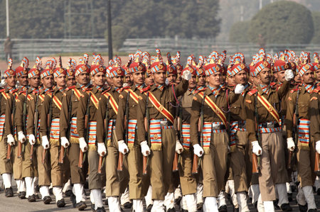 Delhi, India - January 18, 2007: Soldiers in best dress uniform marching down the RajPath in...