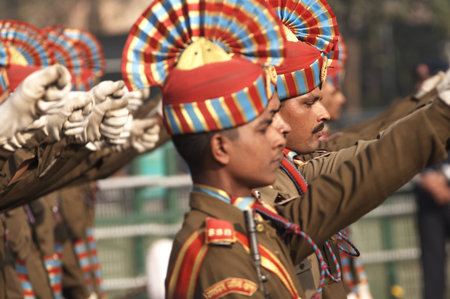 Delhi, India - January 18, 2007: Soldiers in best dress uniform marching down the RajPath in preparation for the Republic Day Parade in Delhi, Indiaのeditorial素材