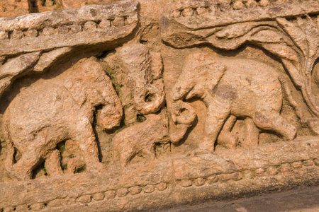Relief carving of elephants around the base of the ancient Surya Hindu Temple at Konark Orissa India  13th Century AD の写真素材