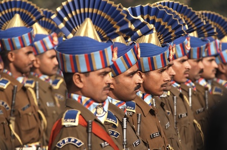 Delhi, India - January 18, 2007: Soldiers in best dress uniform marching down the RajPath in preparation for the Republic Day Parade in Delhi, Indiaのeditorial素材