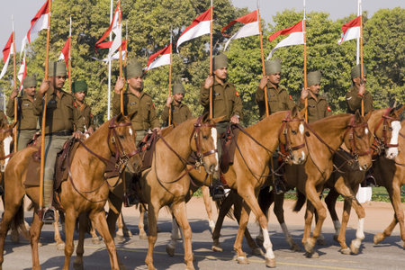 Delhi, India - January 21, 2008: Mounted soldiers parading down the Raj Path, New Delhi in preparation for the Republic Day Paradeのeditorial素材
