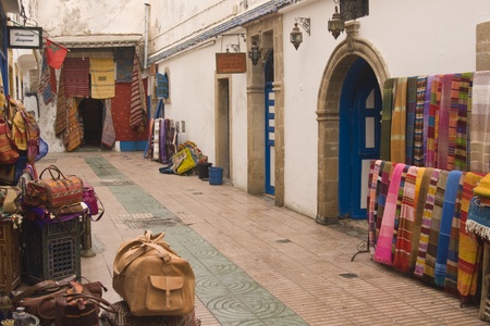 Essaouira, Morocco - August 29, 2009: Shops selling local craft products in a narrow street in the fishing village of Essaouira, Morocco.のeditorial素材