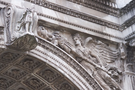 Detail of carvings on the Arch of Septimius Severus. Triumphal Arch to the Roman Emperor Septimius Severus in the Forum, Rome, Italy. Circa AD203の写真素材
