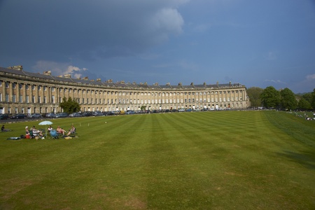Bath, England - April 23, 2011: Group of people having a picnic on the grass in front of the Royal Crescent in Bath, Somerset, England.のeditorial素材