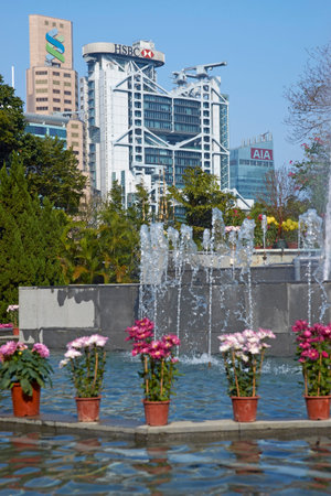 Hong Kong, China - February 1, 2012  Colorful flowers and fountains in the Botanical Gardens...