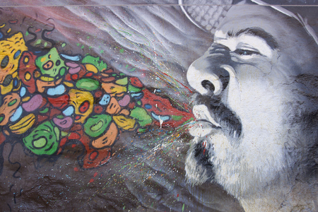 Valparaiso, Chile - May 6, 2014  Colourful mural decorating the streets of the world heritage city of Valparaiso in Chileのeditorial素材