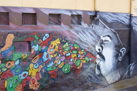Valparaiso, Chile - May 6, 2014  Colourful mural decorating the streets of the world heritage city of Valparaiso in Chile のeditorial素材