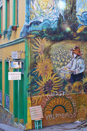 Valparaiso, Chile - May 16, 2014  Colourful graffiti decorating a street in the world heritage city of Valparaiso in Chileのeditorial素材