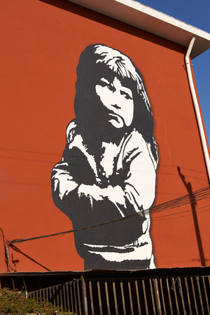 Santiago, Chile - June 13, 2014  Colourful murals adorning the walls of tenement blocks in the San Miguel area of Santiago, capital of Chile  The area was created as an open air museum in what was a run down area of the city のeditorial素材