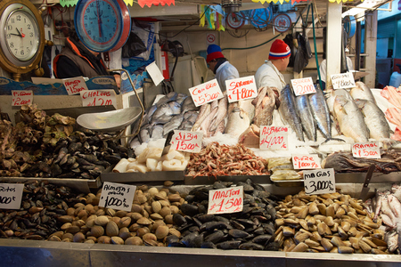 Santiago, Chile - July 8, 2014  Fresh seafood for sale in the historic main fish market in the centre of Santiago, capital of Chileのeditorial素材